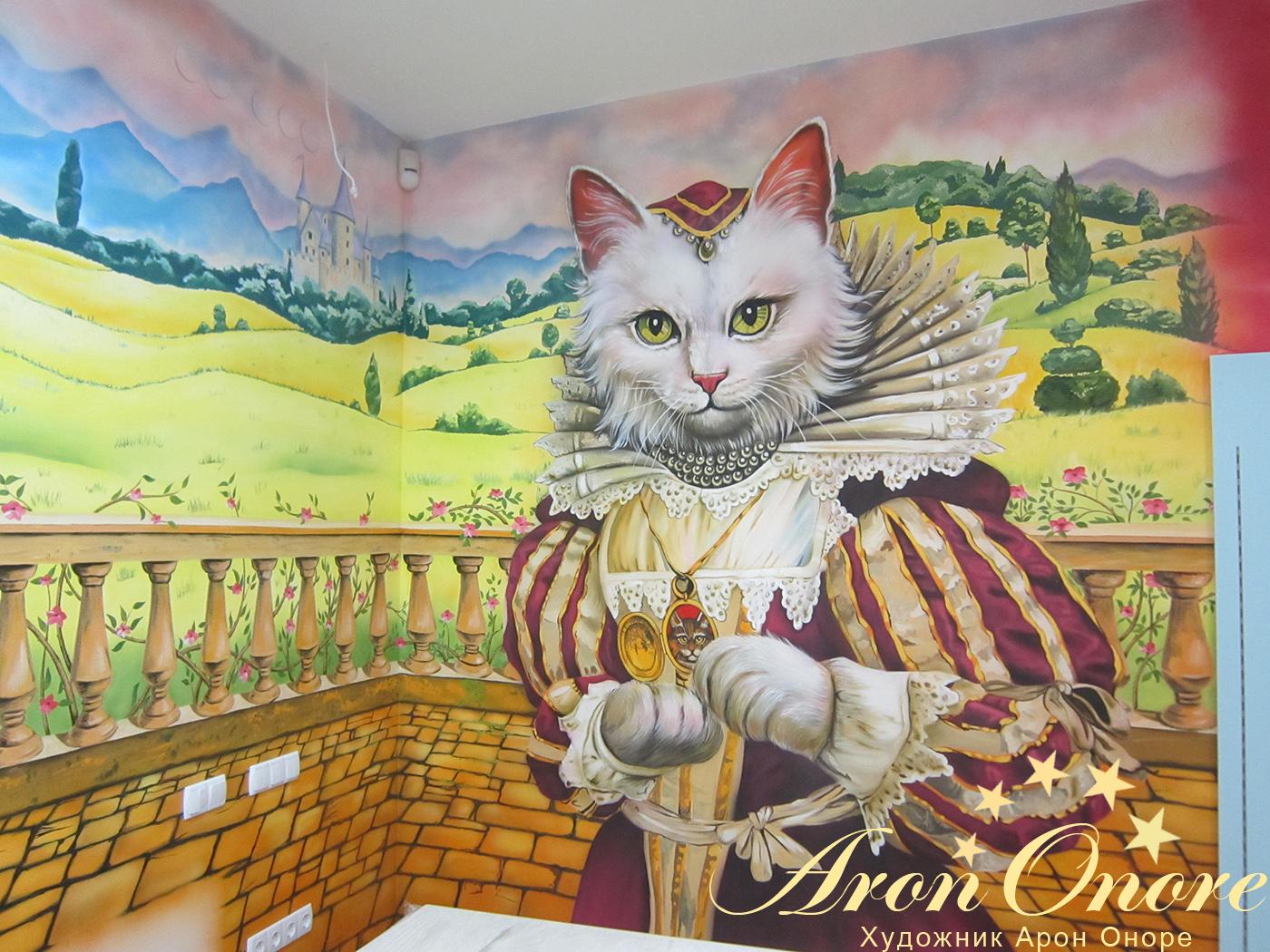 Рисунок на стене в комнате магазина детских товаров – сказочная кошка