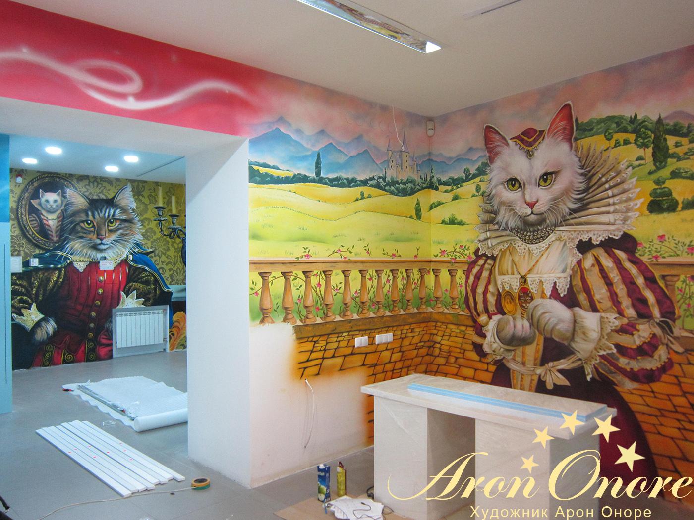 Художественная роспись магазина детской одежды – сказочная тематика с котами