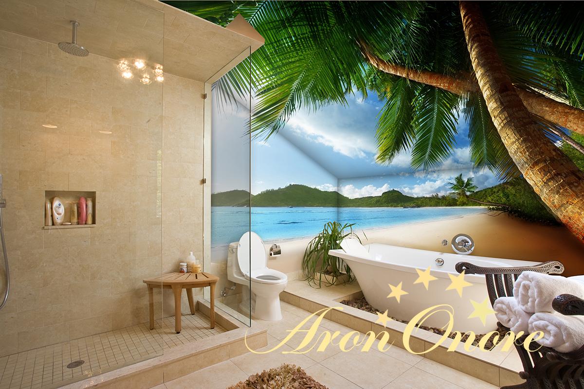 Идея росписи стены в ванной – морской пляж с пальмой