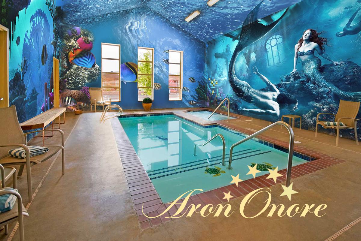 Роспись бассейна и ванной комнаты – красивые русалки (морская тематика росписи стены)