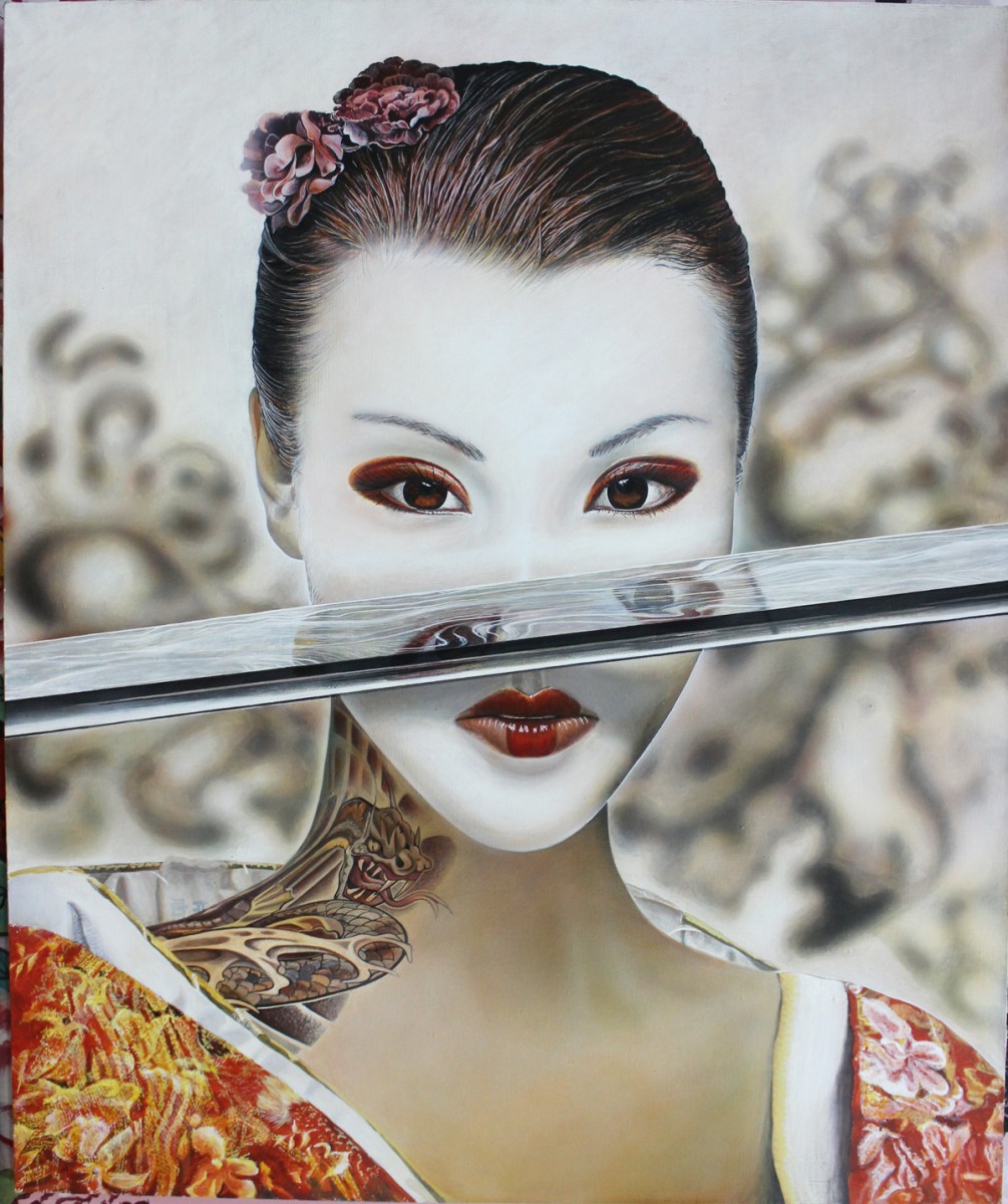 девушка японка с мечом картина