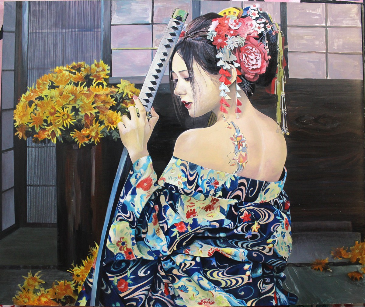 девушка японка с мечом картина