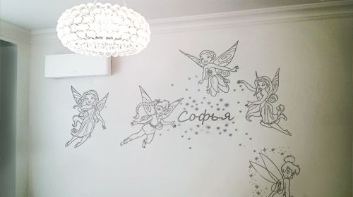 Силуэтная роспись стены в детской для девочки феи