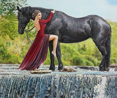 девушка с лошадью у водопада картина