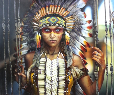 девушка индеец с перьями картина
