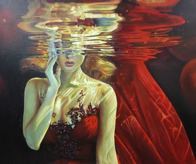 девушка под водой в красном картина