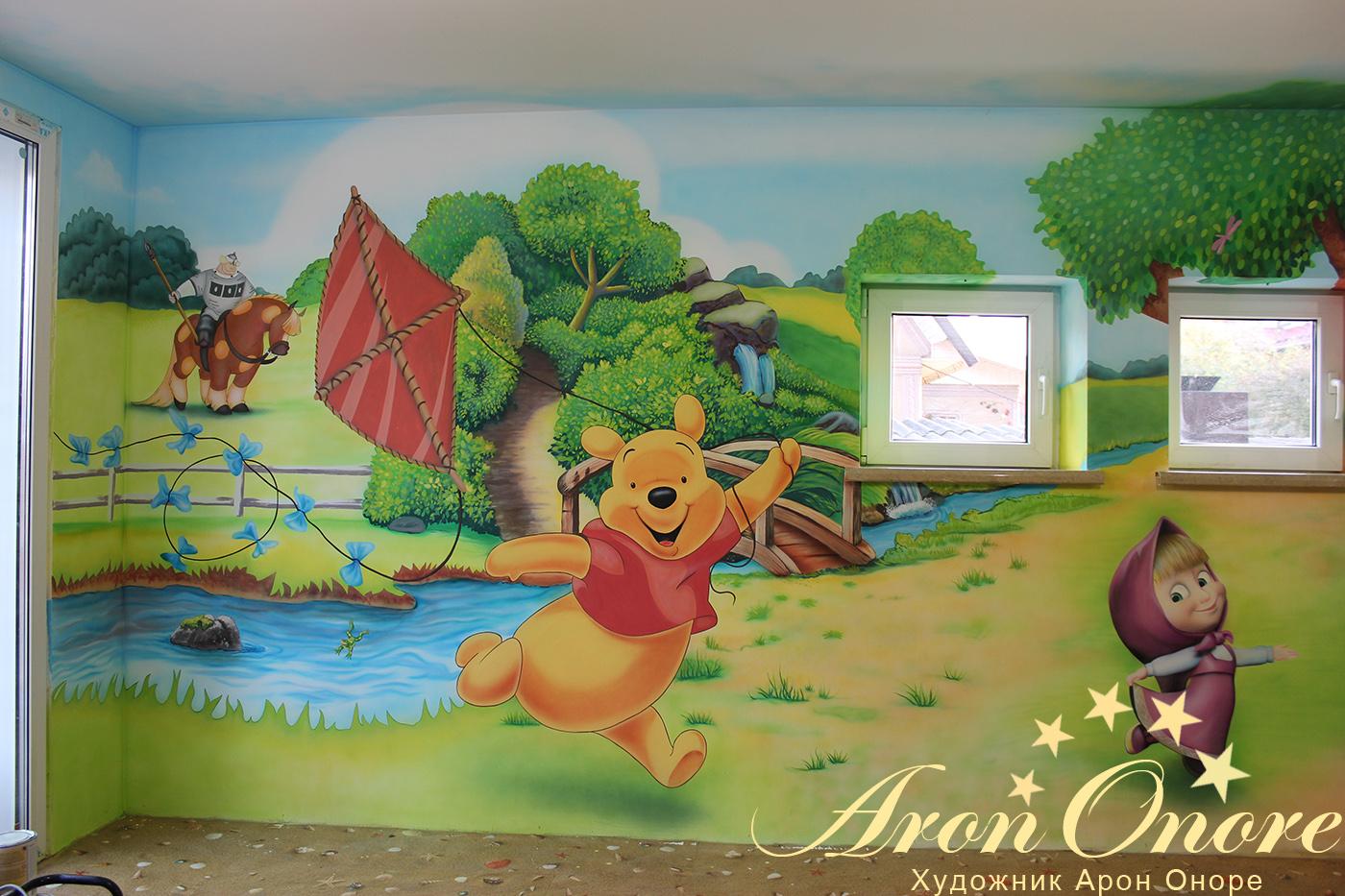 Добрыня Никитич Маша Винни Пух – роспись стен в детской комнате