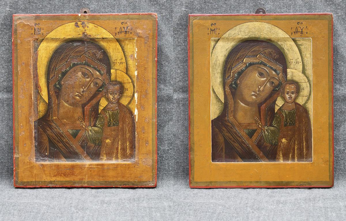 Казанская икона Божьей матери до и после реставрации