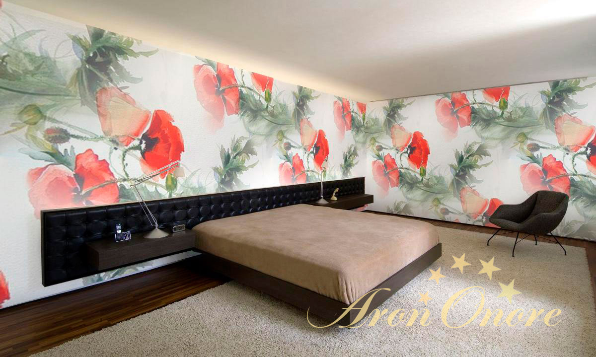 Дизайн спальни с помощью росписи стен – цветущие маки