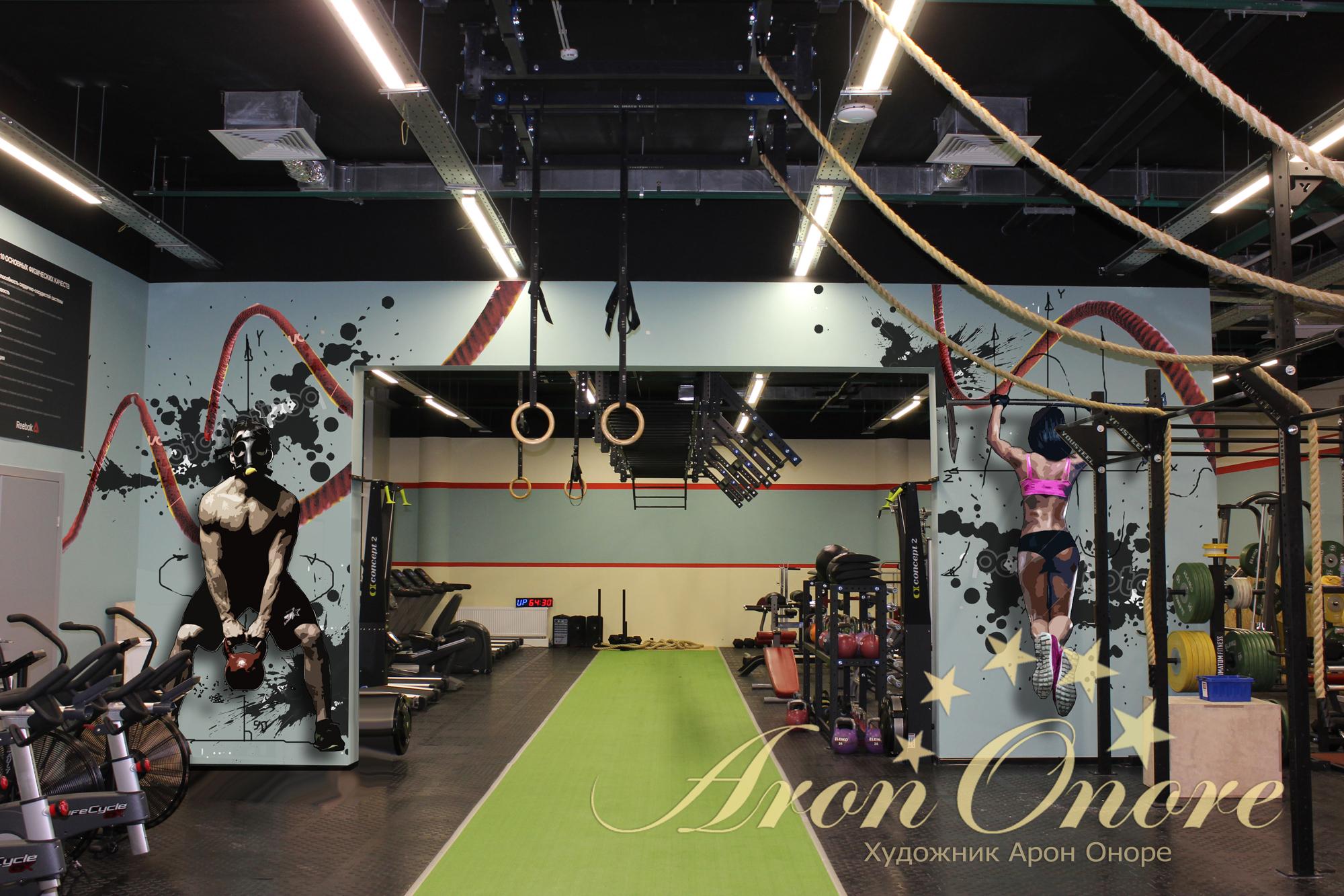 Дизайн спортзала или тренажерного зала, роспись стен фитнес-центра от  студии Арона Оноре: фото, примеры работ