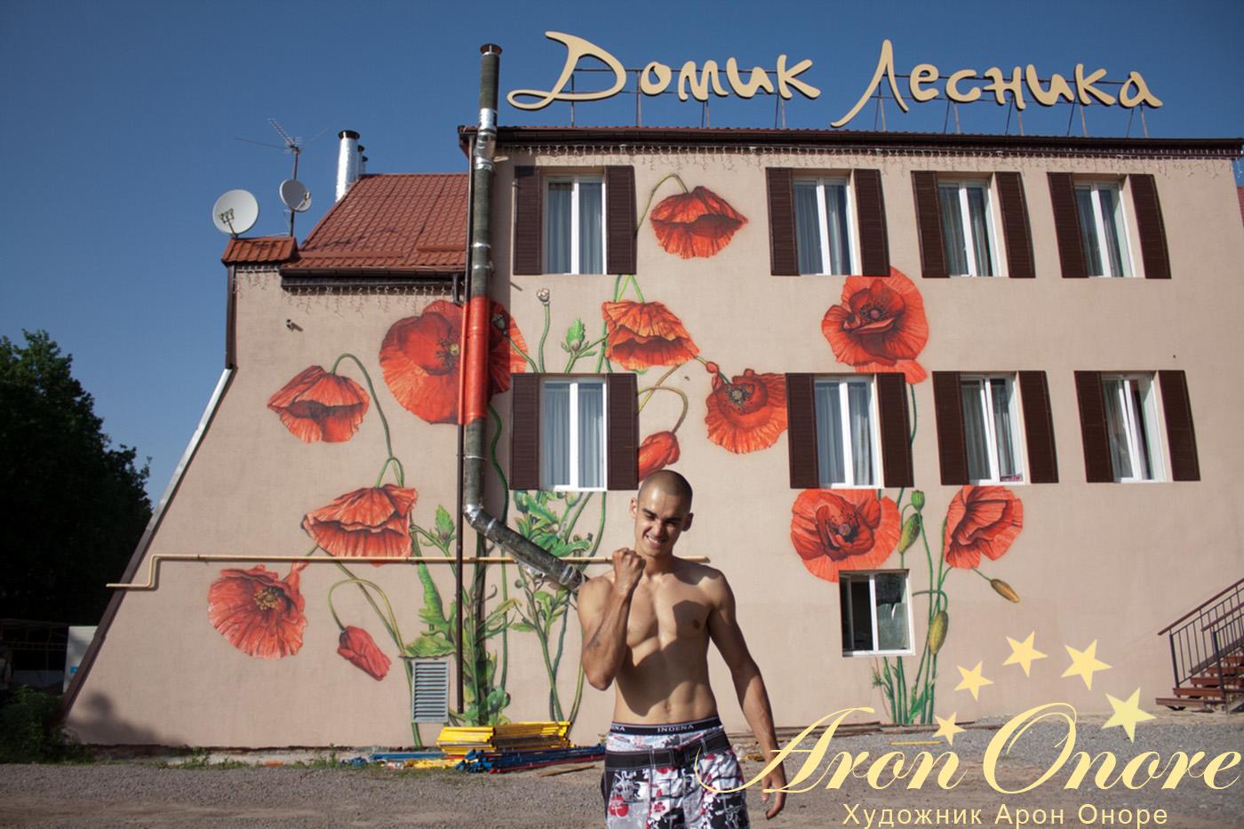 Художник студии аэрографии на фоне готовой росписи на стенах коттеджа в Подмосковье