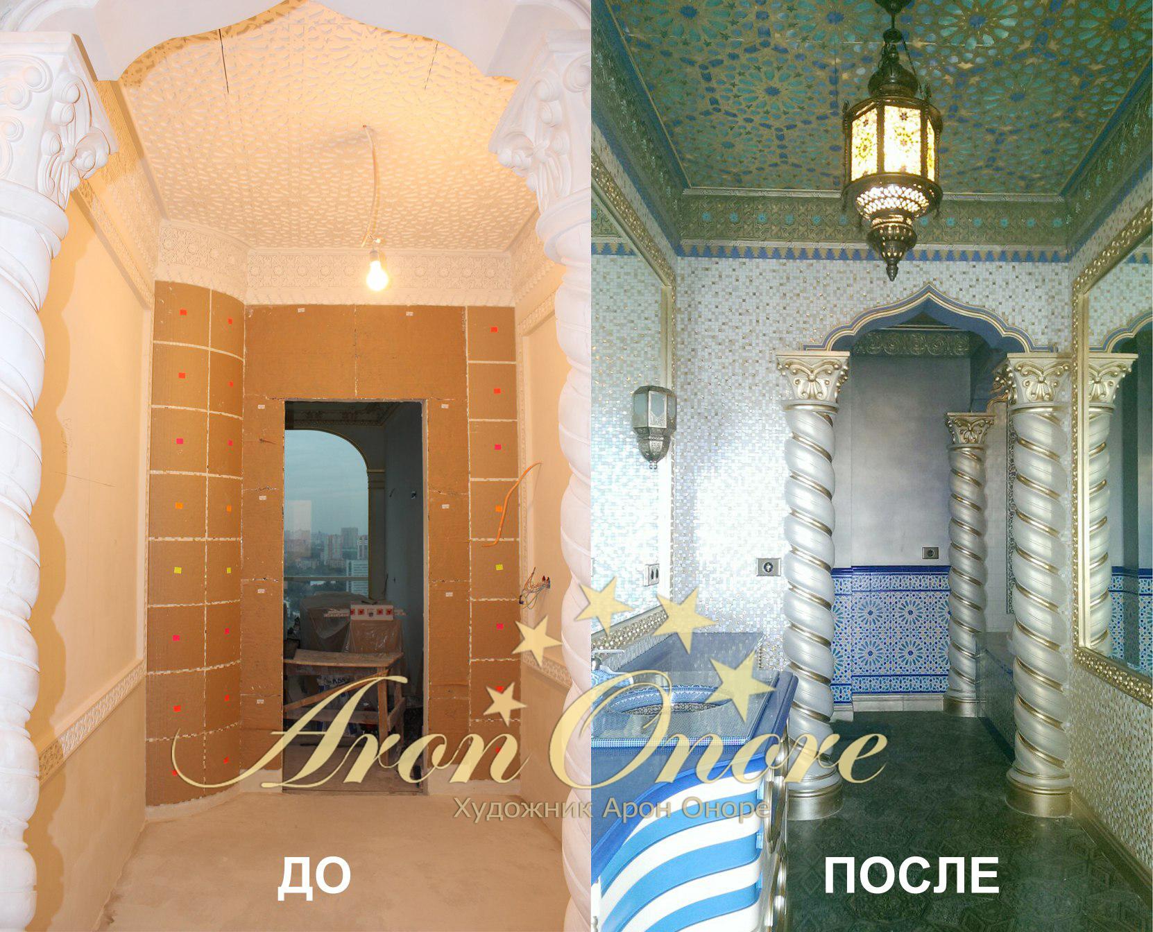 Декор и золочение лепнины в ванной от студии Арона Оноре в Москве
